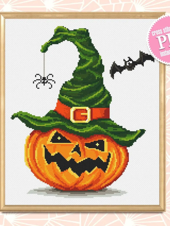 Halloween pumpkin cross stitch pattern PDF download Witch hat cross stitch chart, Happy Halloween pattern digital PDF, Halloween decor #H5