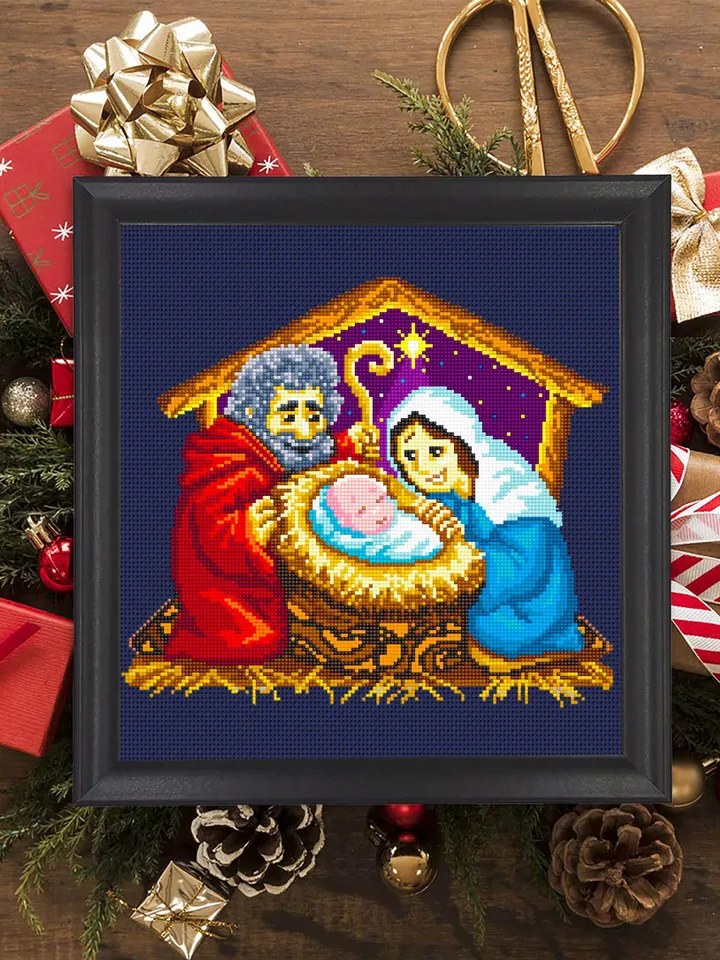 Nativity scene cross stitch pattern download PDF O Holy night cross stitch Religious Christmas embroidery Holy family pattern digital #N26
