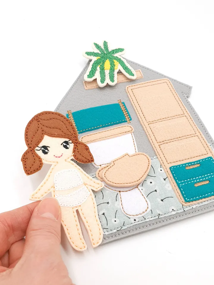 ITH Dollhouse Bathroom Page Embroidery Design, Felt Quiet Book Toilet Sink Pattern, 5x7 Hoop Digital File