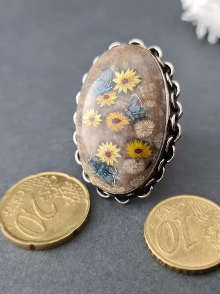 Daisies and blue moths ring Coral stone ring Stone painting