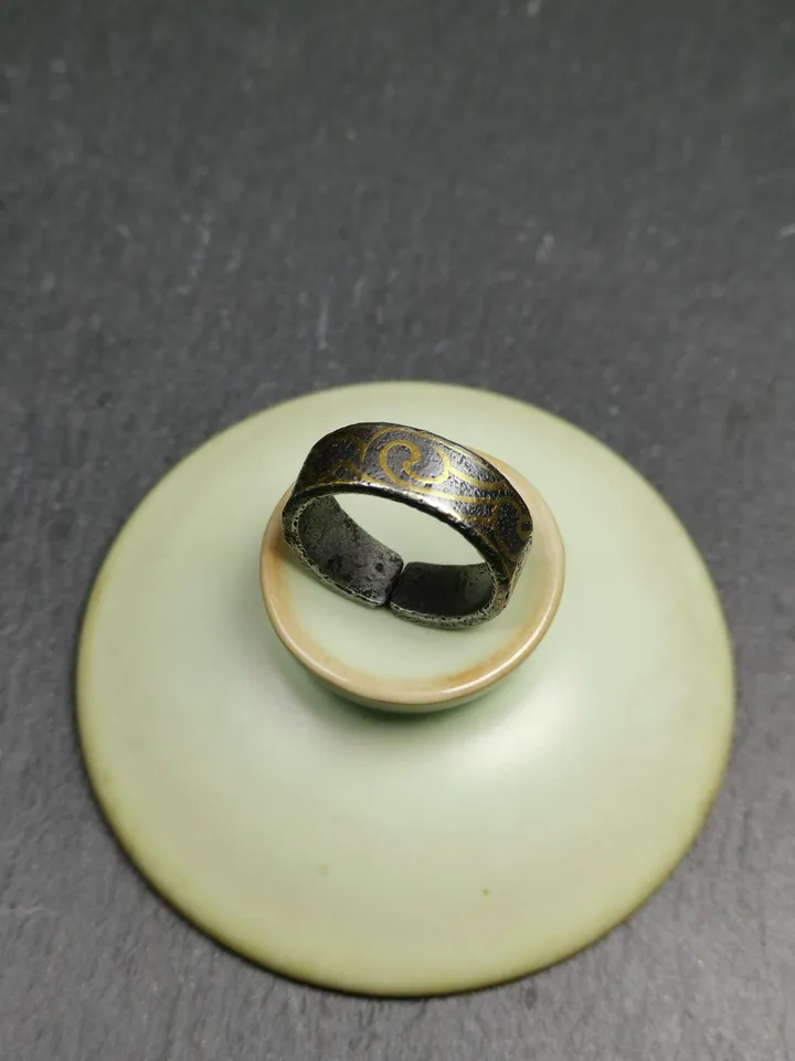 Gandhanra Unique Tibetan Cloud Pattern Ring | Cold Iron & Copper Inlay | Adjustable US Size 10 | Protection Jewelry