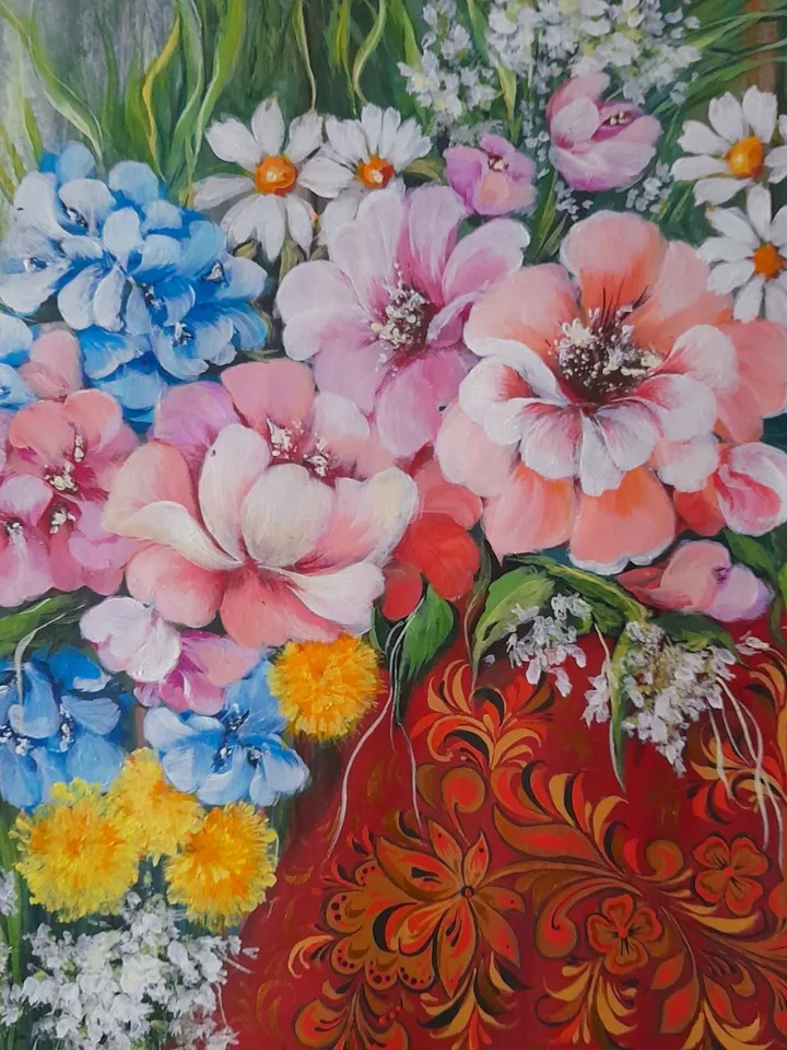 Floral painting folk art, Flowers bouquet painting, Wildflower wall art traditional