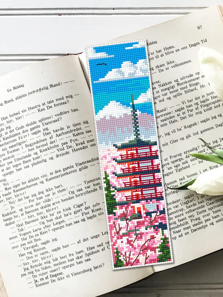 Spring bookmark cross stitch pattern PDF download Japanese pagoda cross stitch chart, Digital bookmark pattern PDF, Mount fuji, Sakura #B167