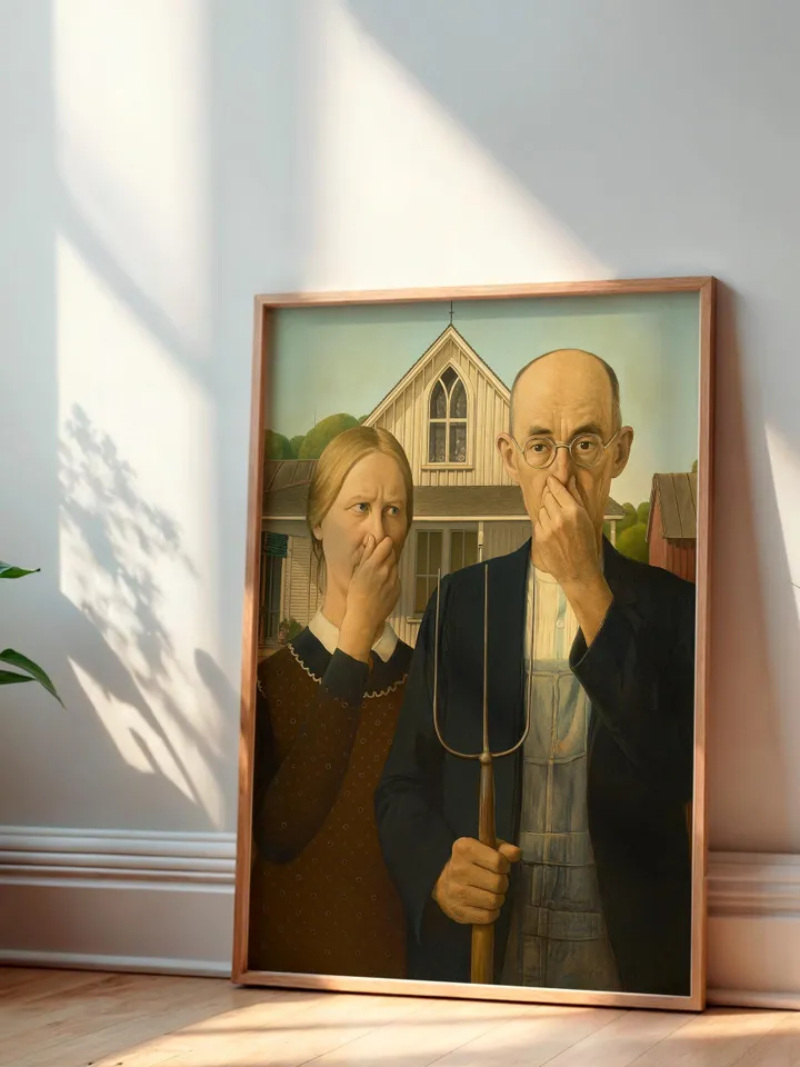 Funny American Gothic Bathroom Art Print Poster Altered Vintage Surreal Eclectic Prank Gift Maximalist Wall Decor Humor Digital Download