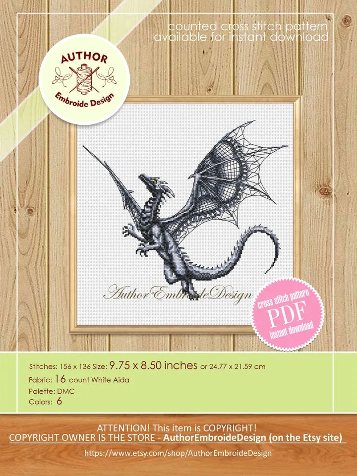 Dragon set cross stitch pattern download PDF Fantasy animal cross stitch chart, Dragon embroidery PDF, Blackwork patterns, Dragon art #K38
