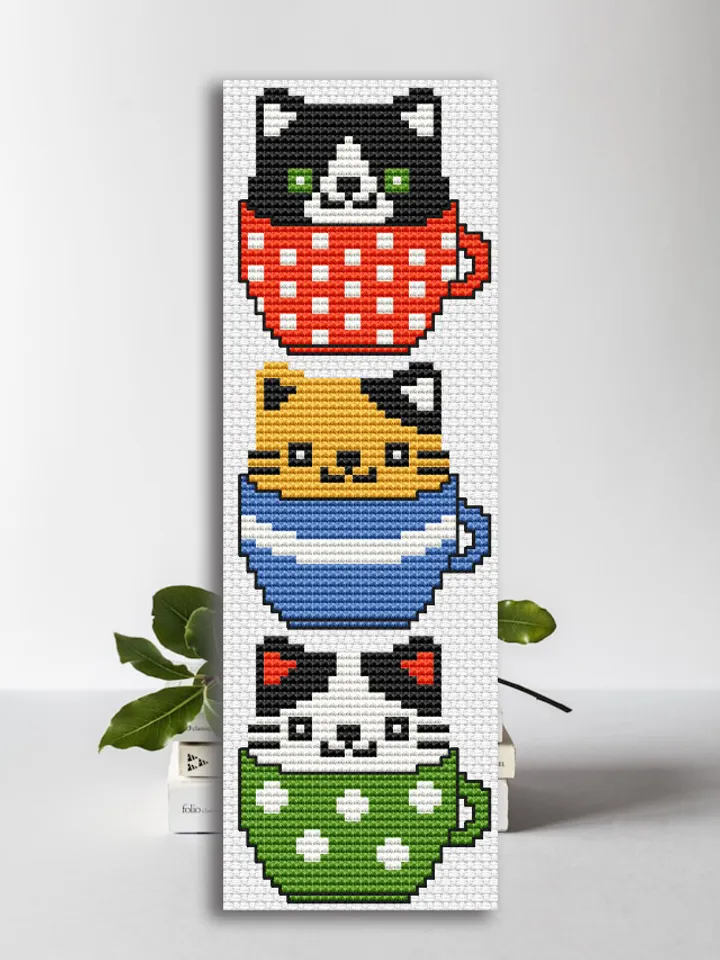 Cross stitch bookmark pattern Kittens in a Cup