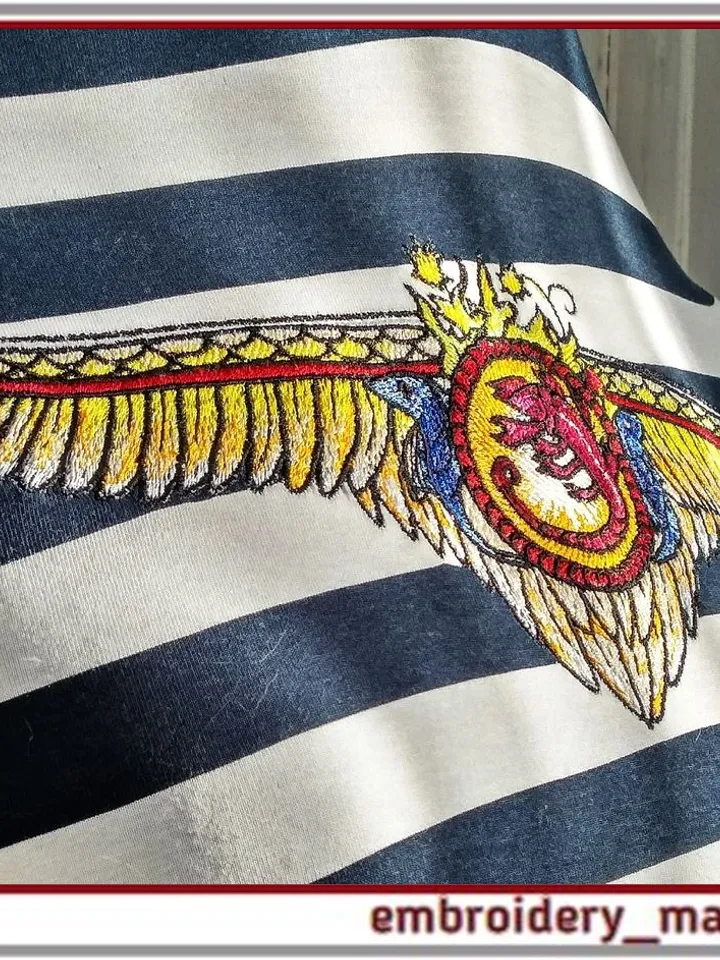 Embroidery design wings, sun, marine life and sea animals