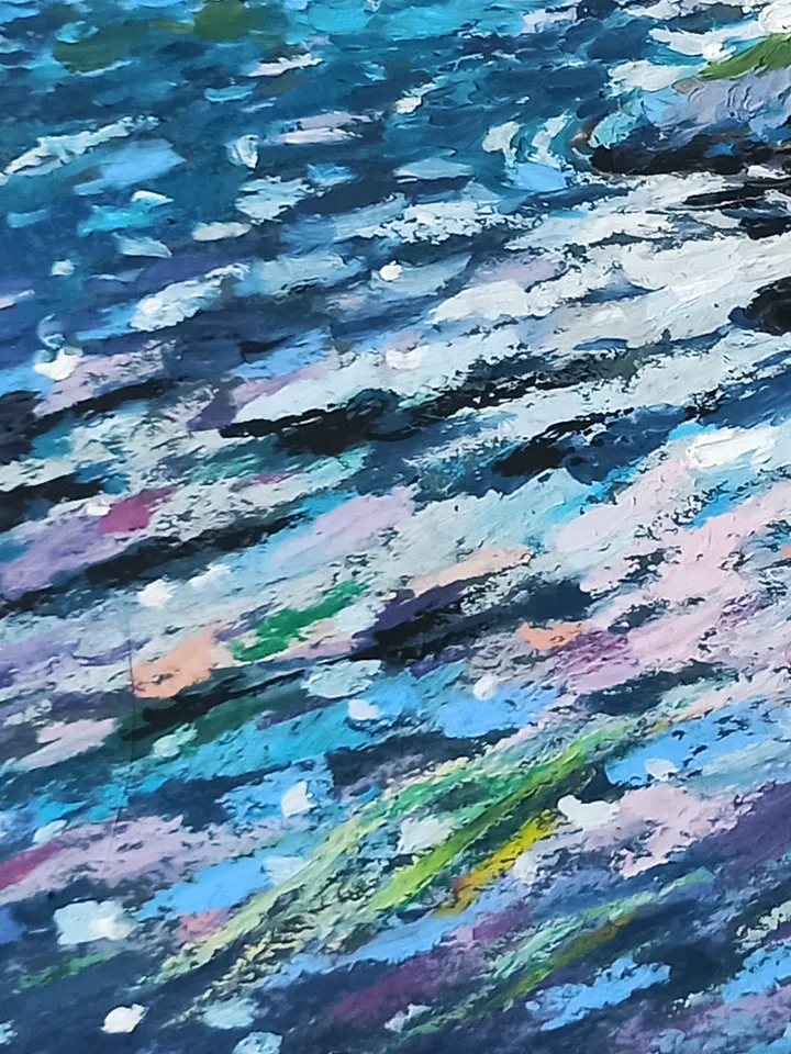 Summer landscape with a forest river, Fast river, Original oil pastel drawing on A4 kraft paper