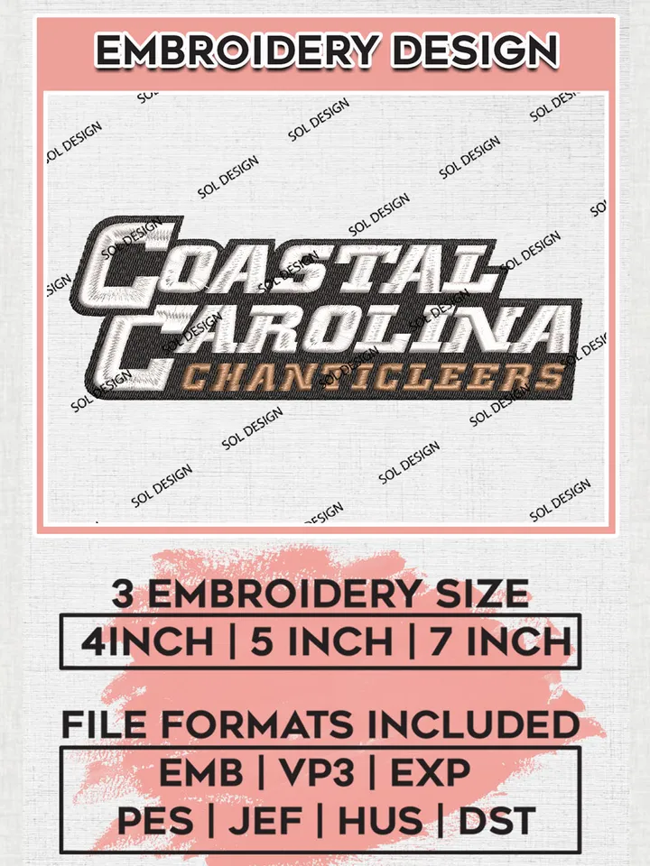 Coastal Carolina Chanticleers Team Writing Logo Embroidery Design Files, NCAA Coastal Carolina Chanticleers Machine Embroidery, NCAA Teams, Game Day, 3 sizes, NCAA Machine embroidery designs, Digital Download