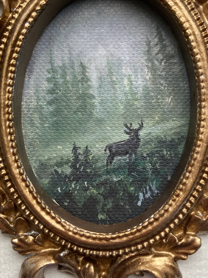 Forest Landscape Oil Painting Original In Vintage Style Frame Small Framed Oval Painting Art