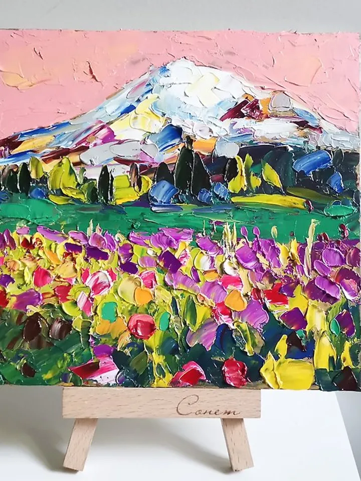 Mount Fuji Original Art Impasto Oil Painting landscapes Art Flower by Verafe