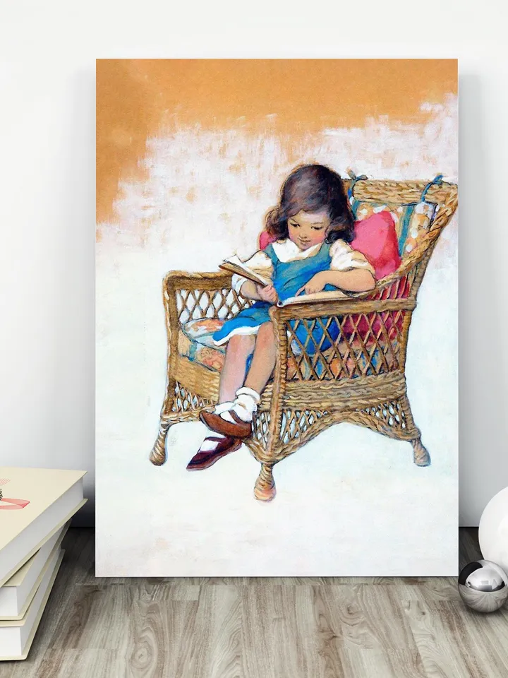 Little Girl Reading A Book. Vintage illustration.