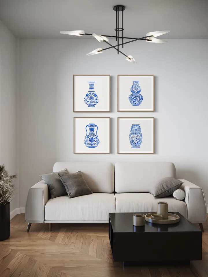 Blue Chinoiserie Set Of 4 Ginger Jars, Watercolor Painting, Vintage Chinoiserie, Chinese Vase Prints, Housewarming Gift, Chinoiserie Art