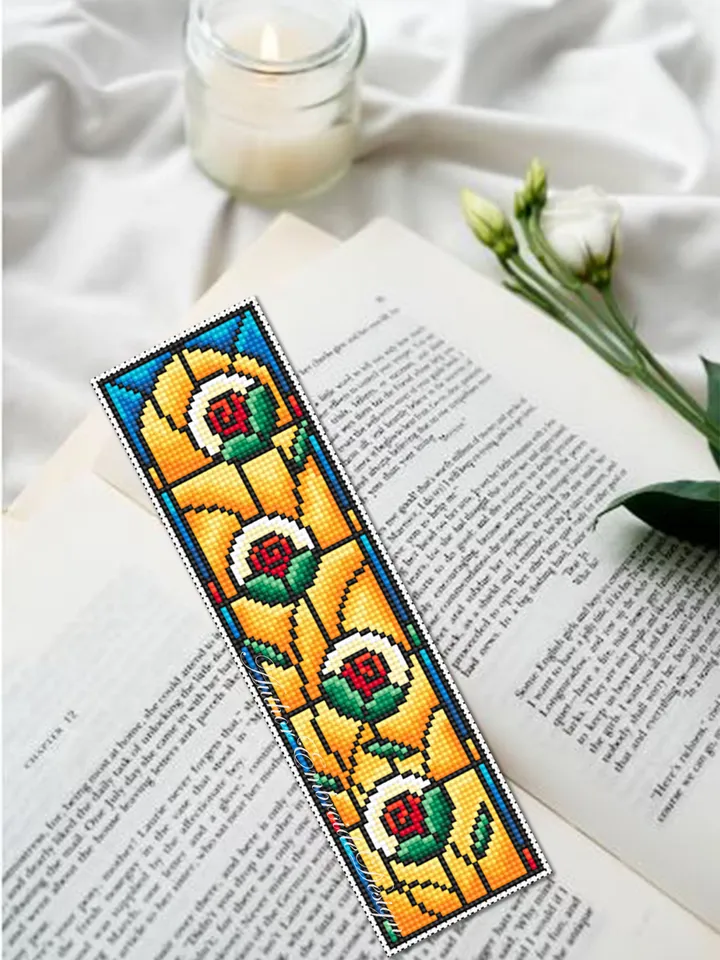 Stained glass bookmark cross stitch pattern PDF download Stained glass flower cross stitch chart, Modern bookmark pattern digital PDF #B295