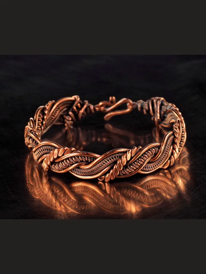 Wire wrapped bracelet, Unique 7th 22nd Anniversary gift idea, Art Nouveau antique style, One of kind braided statement bangle, Handmade oxidized pure copper jewelry, Pain relief, EMF protection