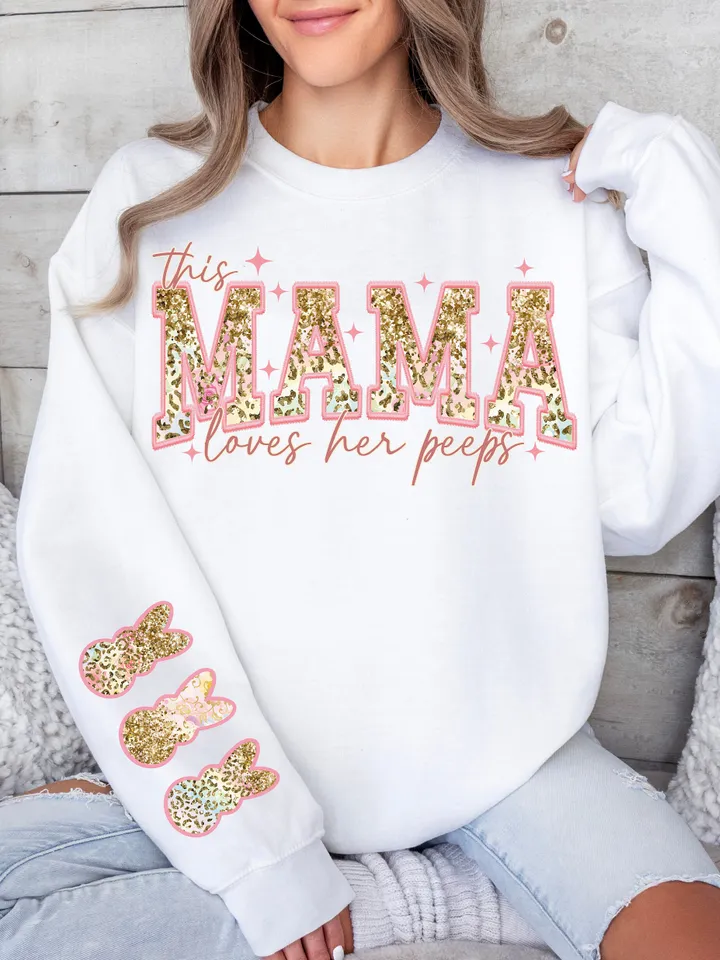 This MAMA Loves Her Peeps PNG, Mama Easter Shirt Design, Embriodery Easter Day PNG File, Mama Easter, Leopard Glitter, Retro Easter Png