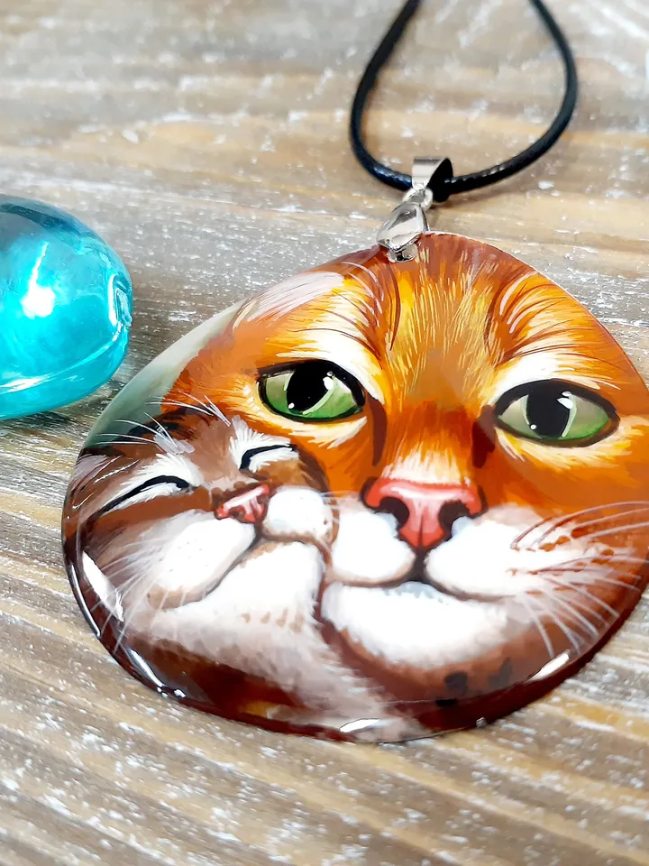 Beautiful Pendant"Cat and kitten" Hand-painted,Russian jewelry,Art gift,Mother-of-pearl hand-painted,Miniature painting, Art Gift