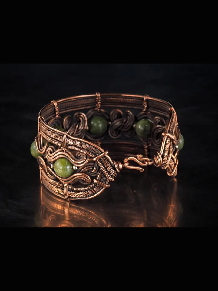 Copper wire wrapped jade bracelet 7th Anniversary gift