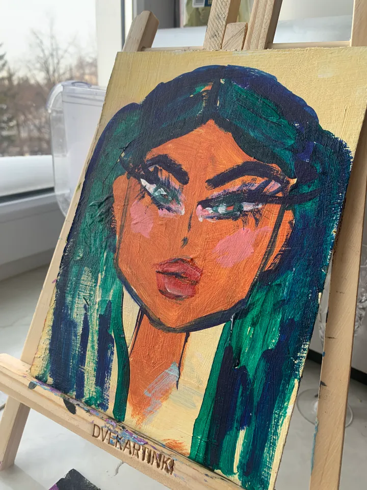 portrait of a girl with green hair bright mini-painting acrylic
