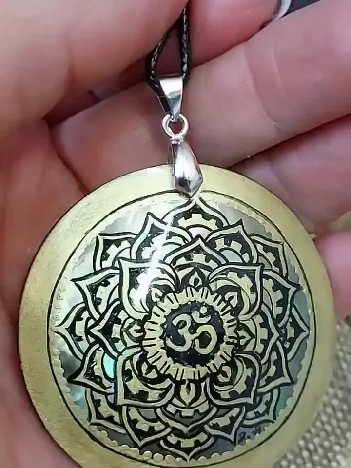 Pearl pendant necklace: Gold mandala with sacred Om necklace • hand painted meditation jewelry • handmade aesthetic mother of pearl necklace