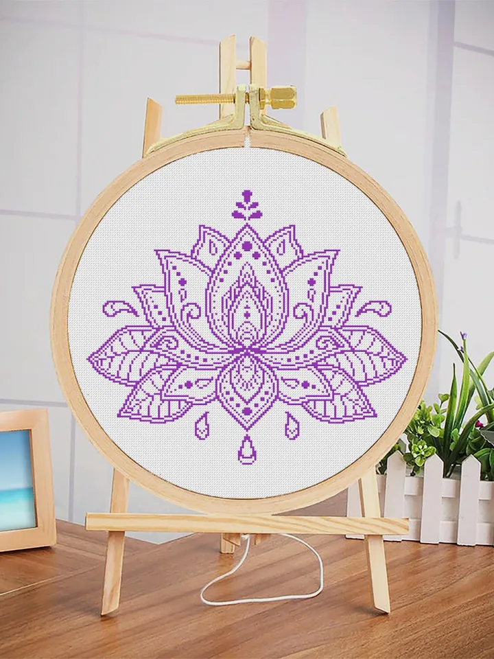 Lotus flower cross stitch pattern download PDF, Floral ornament embroidery PDF, Monochrome mandala cross stitch chart, DIY Home decor #M16