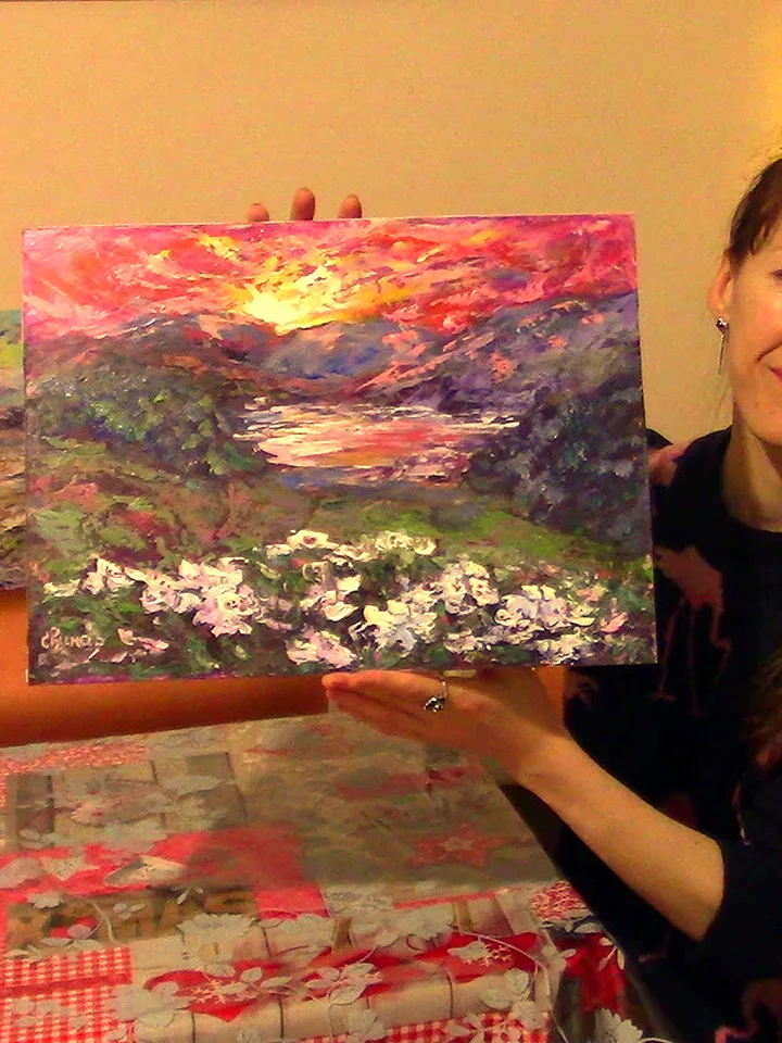 Lake Island Flowers Sunset Mountains Original Art Oil Painting impasto Artist Svinar Oksana
