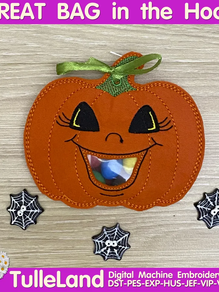 In The Hoop Machine Embroidery design ITH Peekabo Bag Halloween Pumpkin Treat Bag ITH Pattern. Included 5 sizes!