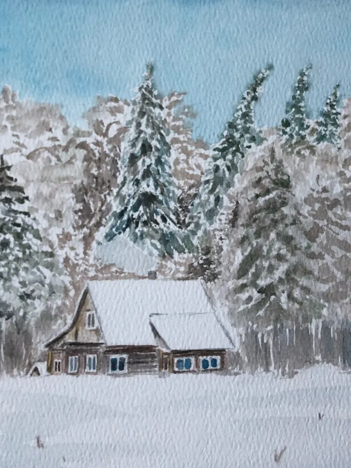 House in the winter forest original watercolour painting wall art hand painted