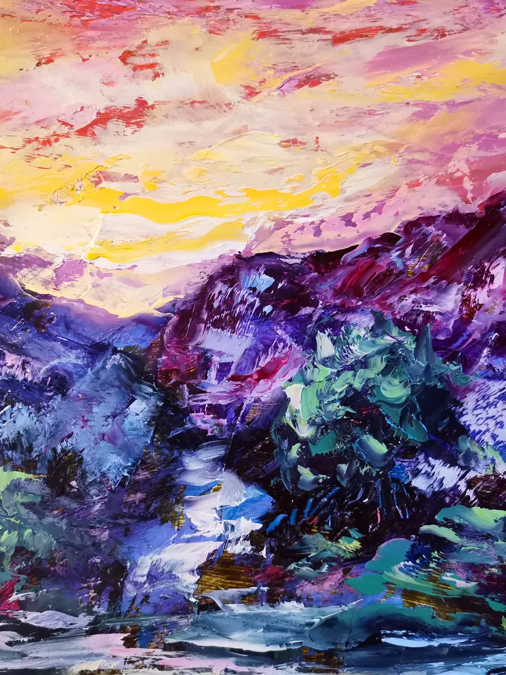 Mountains Waterfall Sunset Boat Original Art Oil Painting Artist Svinar Oksana