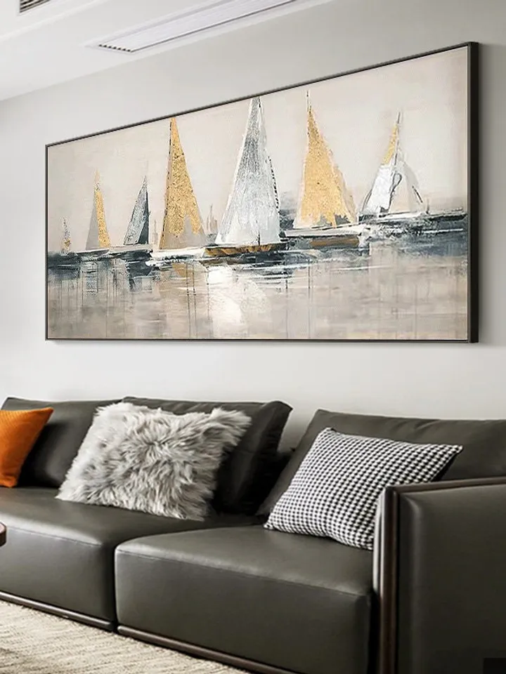 Abstract Sailboats Painting on Canvas,Original Painting,Golden Sailboats Art,Ocean Art,Bedroom Wall Art,Large Painting,Gift for Housewarming