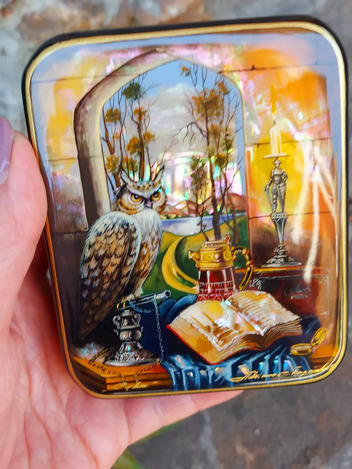Beautiful Russian Lacquer Box "Learned Owl" Fedoskino Jewelry Box Hand Painted Miniature Painting Papier-mache Pearl Owl Box