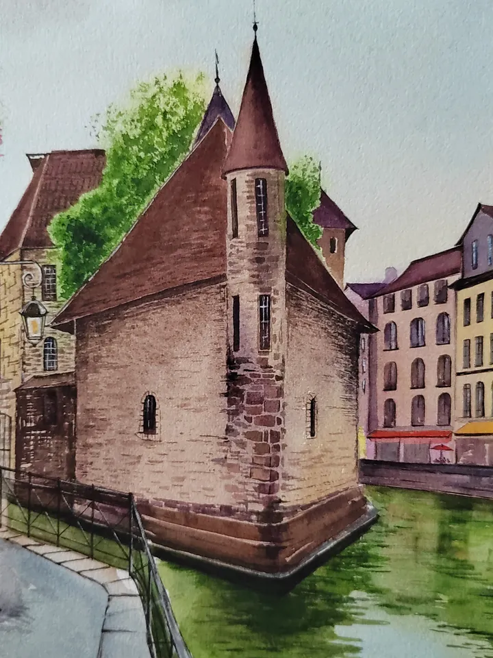 Annecy Town Painting French Cityscape Art Old French Town Artwork Original Watercolor Painting 11.8x15.7 inches by SoftWaves
