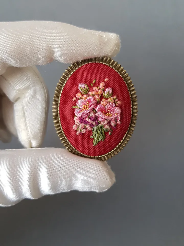 Ribbon embroidered red brooch for her, embroidered jewelry