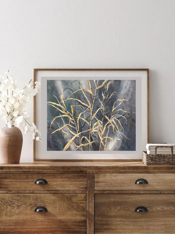 Wildflowers Original Painting Leaves Watercolor Plants Painting Grass Wall Art Prairie Grass