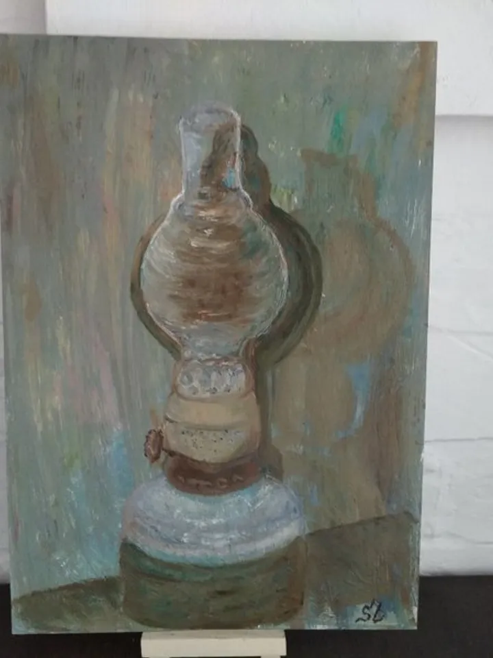 Still Life Oil Painting with Kerosene Lamp Vintage Wall Art 12x8 Inch Paper
