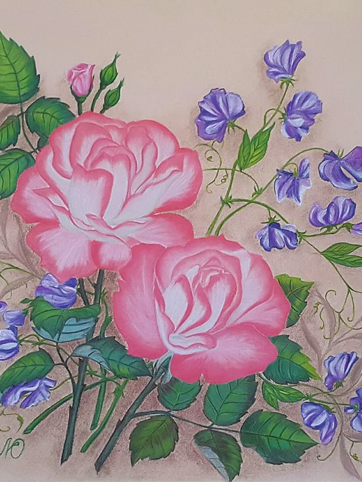 Rose Painting Sweet Pea Original Art Floral Wall Art Flower Soft Pastel Painting