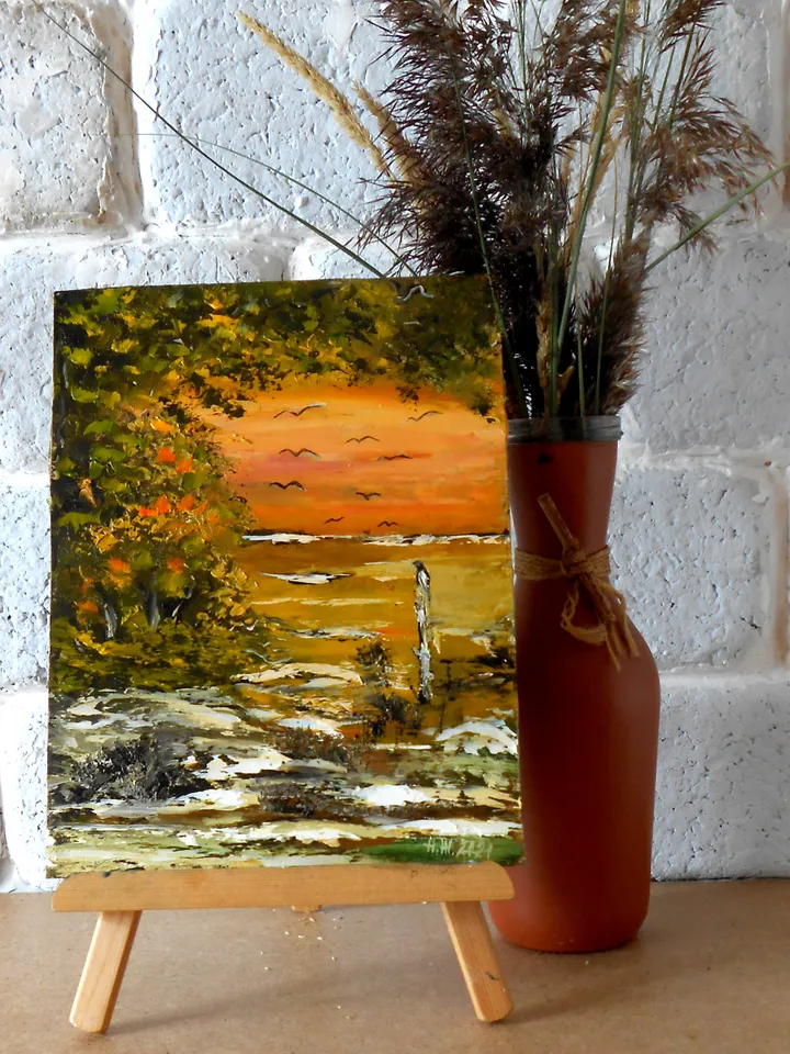 Gold Autumn landscape original oil painting with pallete knife
