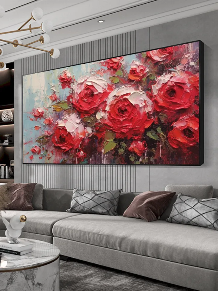 Original Roses Oil Painting On Canvas, Abstract Red Flowers Painting, Large Wall Art, Custom Painting, Living room Wall Decor, Home Decor