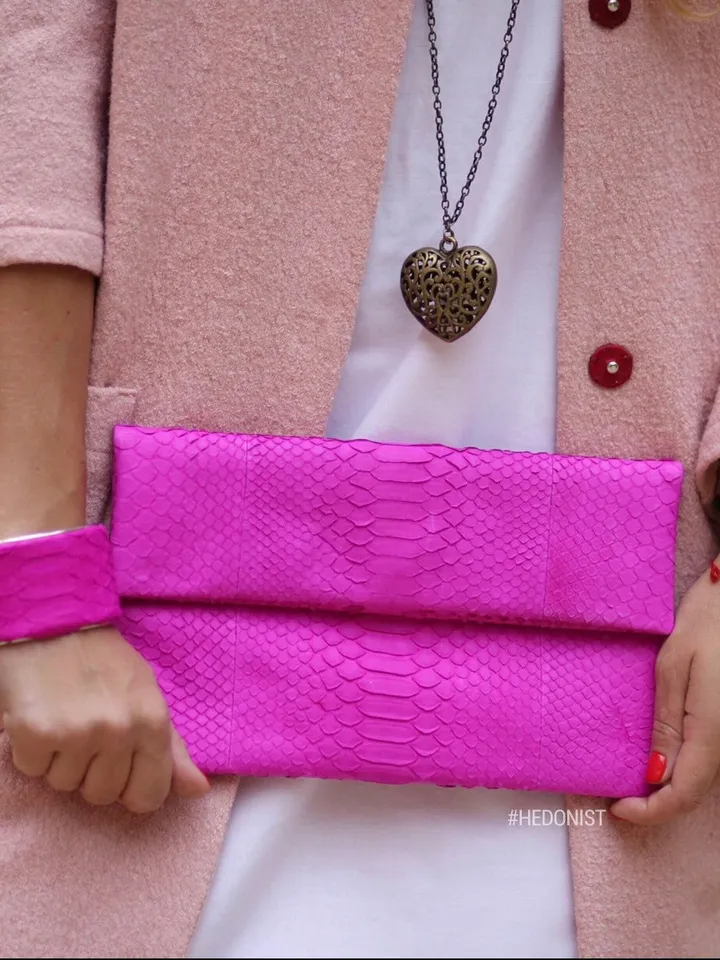 Genuine python skin fuchsia clutch handmade, classy elegant leather clutch, bags free shipping, clutch leather elegant woman, small clutch