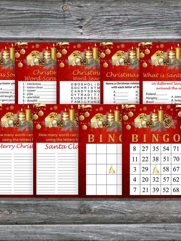 Christmas party games bundle,Printable Christmas Party Game Pack,Gold Christmas candles Christmas Trivia Game Cards