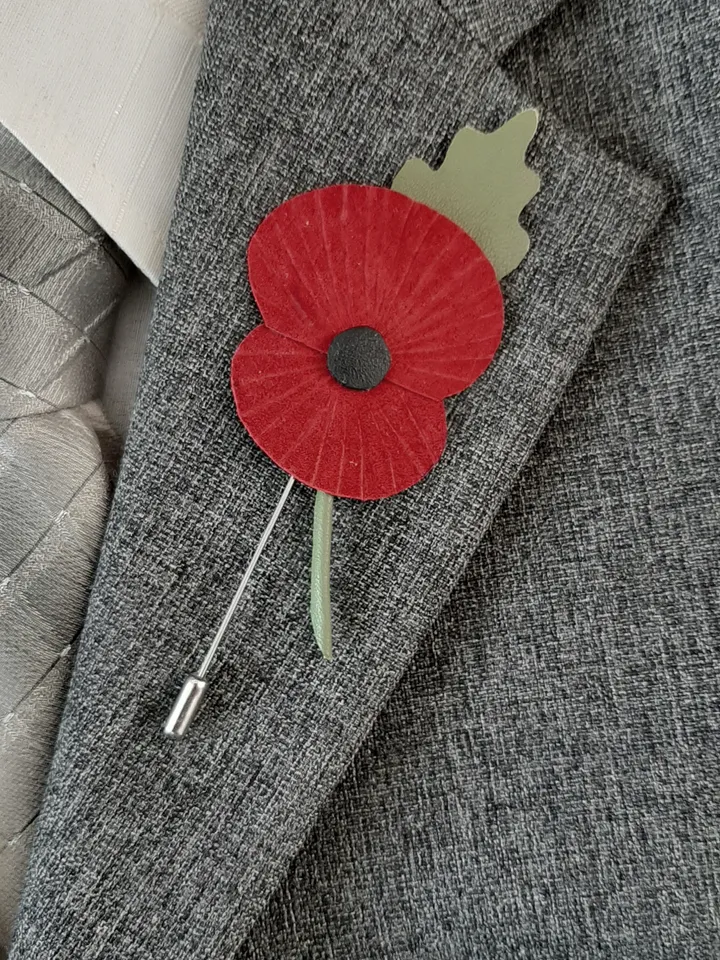 Remembrance poppy men's lapel pin Leather boutonniere for him 3rd anniversary gift