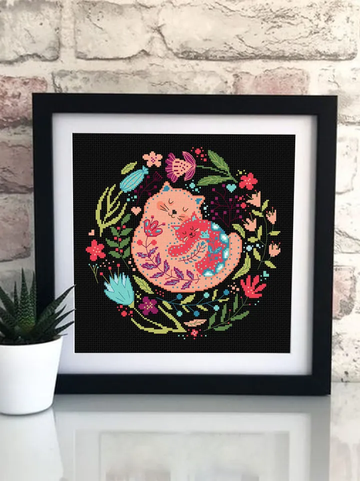 Floral cats cross stitch pattern PDF download Scandinavian folk cross stitch chart Nordic cross stitch Scandinavian ornament embroidery #K25