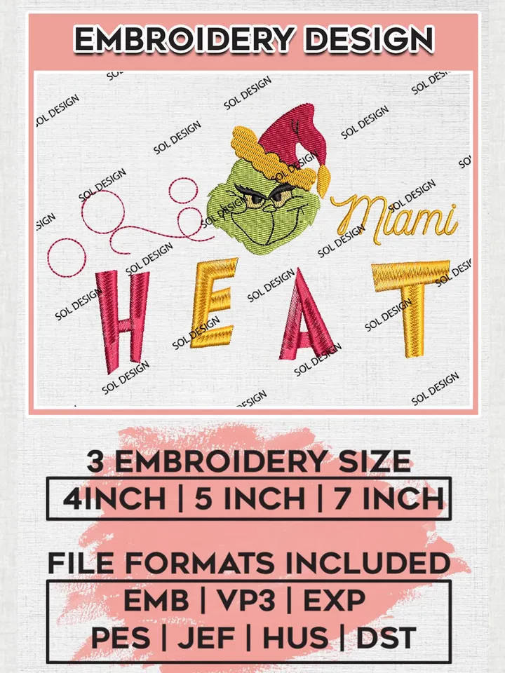 Grinch Miami Heat Embroidery Designs, Grinch Christmas Embroidery Files, NBA Miami Heat Machine Embroidery Designs, NBA Heat Logo, NBA Christmas Machine Embroidery Design, Digital Download