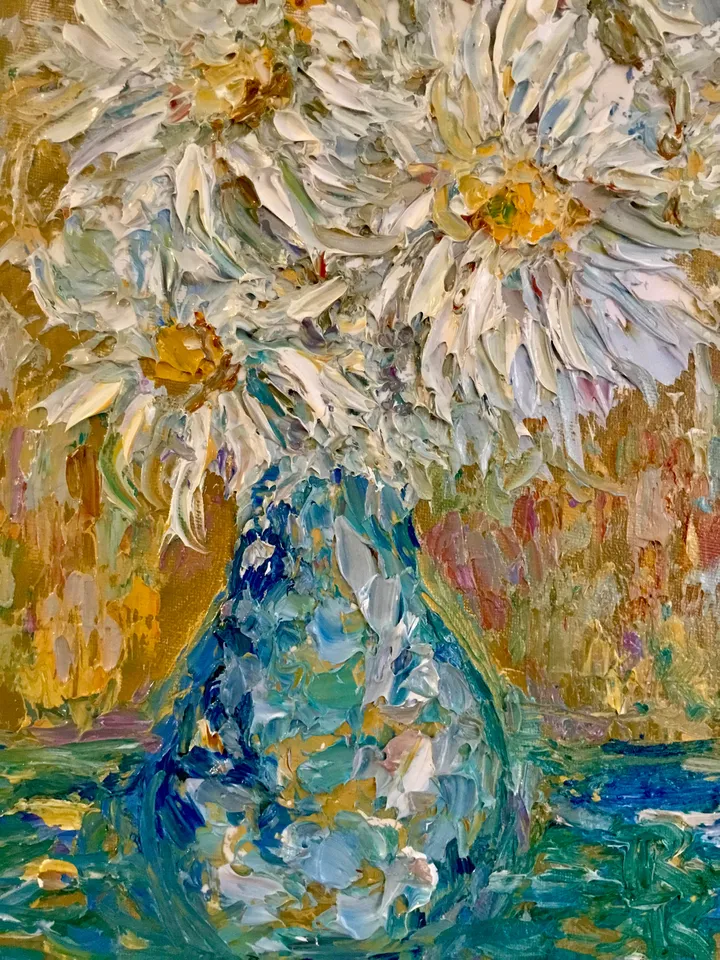 Daisies original oil impasto style painting,flowers in a vase oil painting,one of a kind original painting on 3 d canvas,flowers wall art