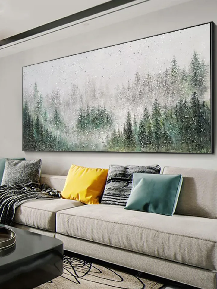 Misty Forest Painting, Textured Landscape Art, Green Forest Wall Art, 3D Canvas Art, Nature Wall Decor, Serene Forest Scene, Panoramic Art