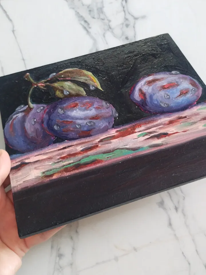 Original plum oil painting, Bright Fruit with water drops miniature art, Small fine art on panel