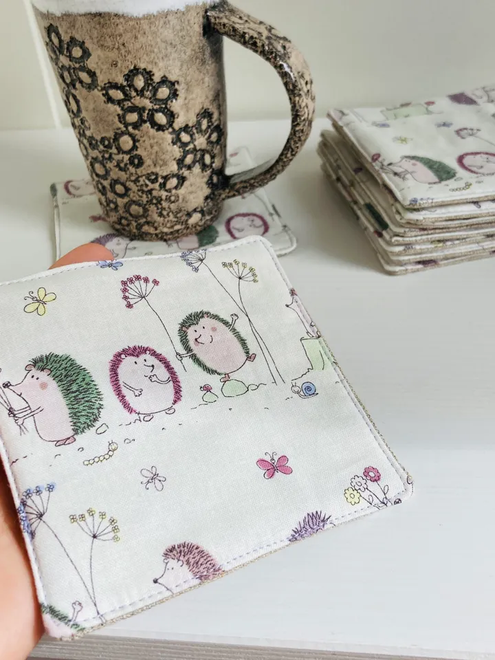 Coasters with Hedgehogs Set of 4 Linen-cotton coasters 4.5'' x 4.5''