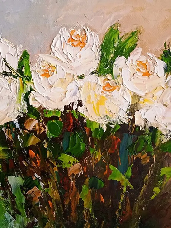Roses White Flowers Original Oil Painting / Home Decoration / Composition / Art