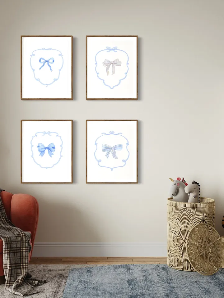 Blue Bow Set Of 4 Watercolor Painting, Nursery Wall Decor, Girls Room Decor, Boys Room Ideas, Coastal Cowgirl Art, Preppy Bow, Blue Girly
