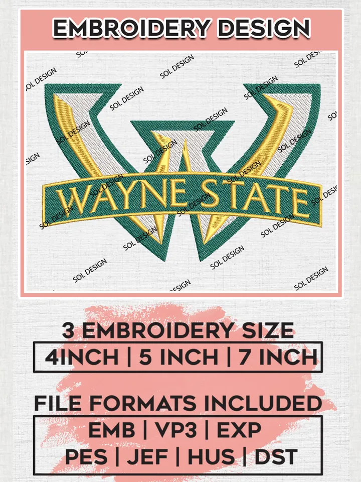 NCAA Wayne State Team Logo Embroidery Design Files, NCAA Wayne State Warriors Machine Embroidery, NCAA Teams, 3 sizes, NCAA Machine embroidery designs, Digital Download